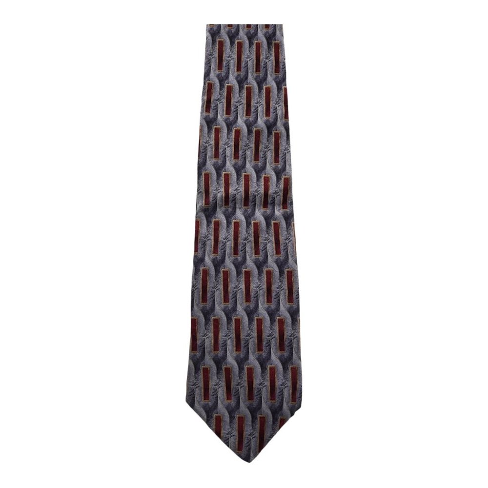Wilke Rodriguez Geometric Pattern Gray Red 100% Silk Necktie